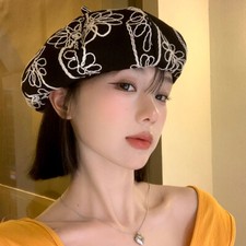 Damen Blumen Stickerei Oktogon Beret Hut Ohne Krempe Nesboy Cap Schwarz