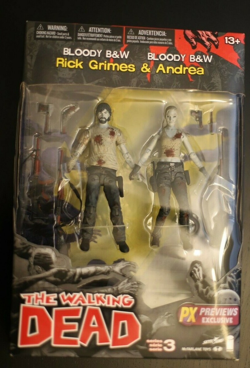 Pack De 2 Figurines AMC The Walking Dead - Rick Grimes & Andrea - Bloody Black & White - Neuves