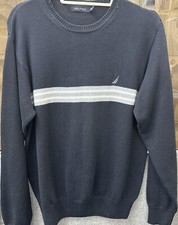 Nautica Men  s Striped Crew Neck Black Cotton Sweater Size M
