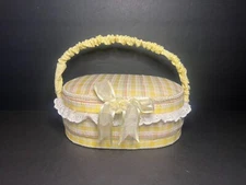 Oval Yellow Striped Fabric Hinged Lid Sewing Storage Box w/ Lace Trim & Handle