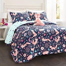 Pixie Fox Reversible Quilt Set, 3 Piece Set - Bedding Sets Twin Navy  Pink