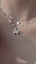 Ladies Teens Butterfly Cubic Zirconia Layered Silver Necklace
