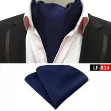 Classic Men's Ascot Cravat Tie Silk Solid Blue Scarf Cravat Hanky Set
