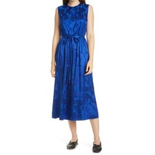 Dyvna Womens Floral Shift Midi Dress Large Cobalt Blue Sleeveless Tie Waist NWT