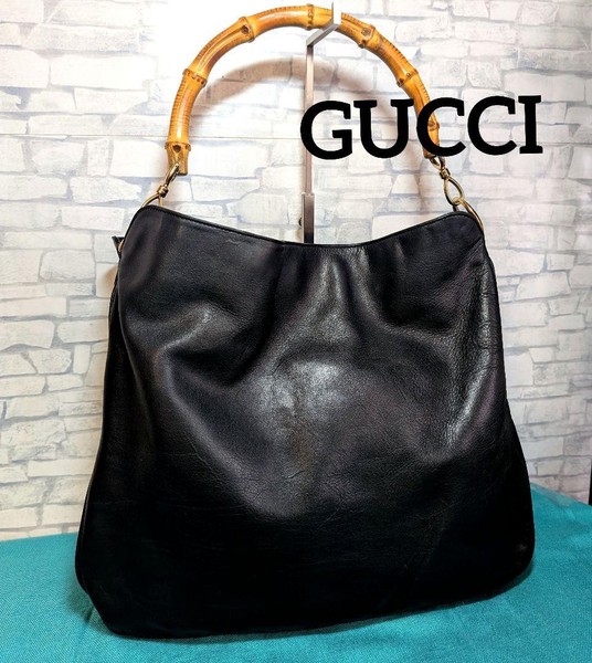 GUCCI Bamboo Leather Tote Bag Black A4 Large Capacity Authentic Luxury Handbag