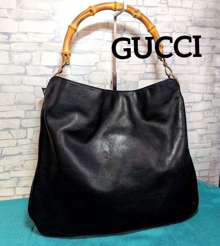 GUCCI Bamboo Leather Tote Bag Black A4 Large Capacity Authentic Luxury Handbag