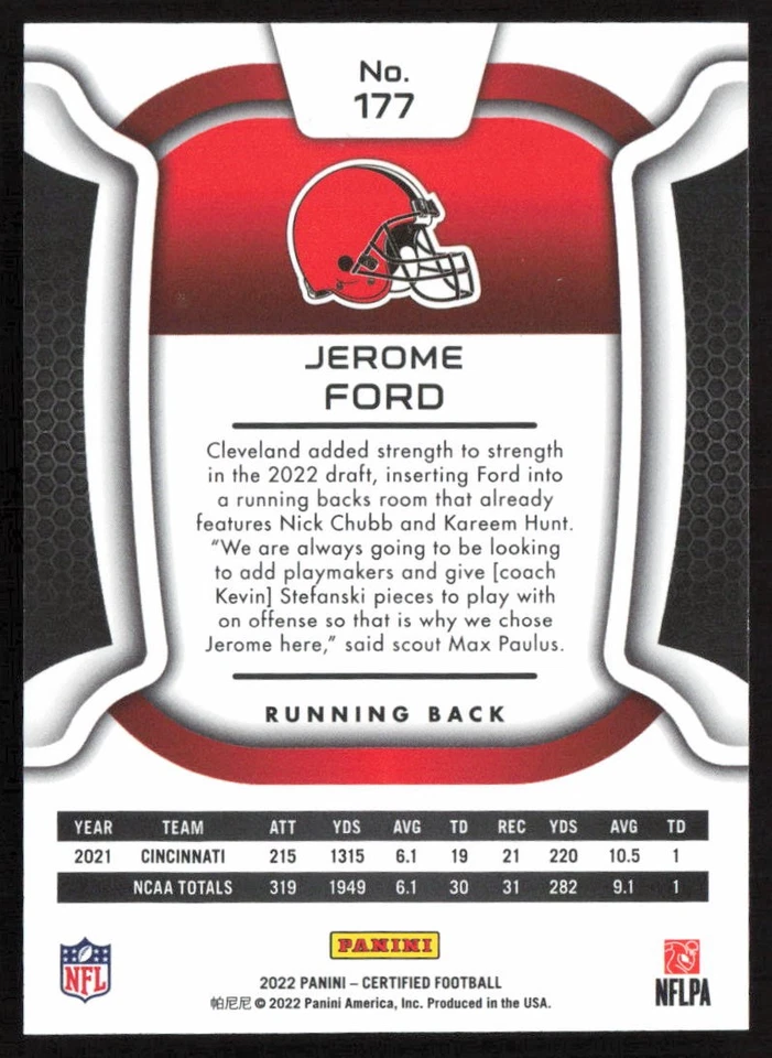 2022 Panini Certified Mirror Blue #/75 Jerome Ford #177 Rookie Browns - Image 2 of 2