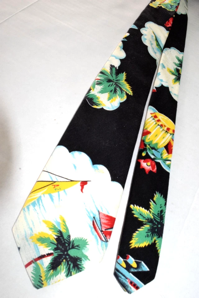 Галстук винтажный 60-х Gino Galatti укулеле гибискус гавайский черный хлопок 54 «x 2,8» - Изображение 3 из 4