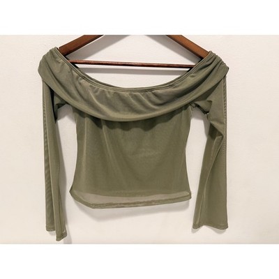 See You Monday Mesh Off Shoulder Top Womens Small Olive Green Flared Sleeve