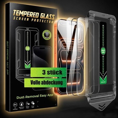 3X Panzerfolie für iPhone 17 16 15 14 13 12 Pro Max Schutzglas + Anbringhilfe
