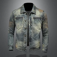 Ripped Men's Denim Jacket Jeans Coat Retro Long Sleeve Casual Washing Fashion