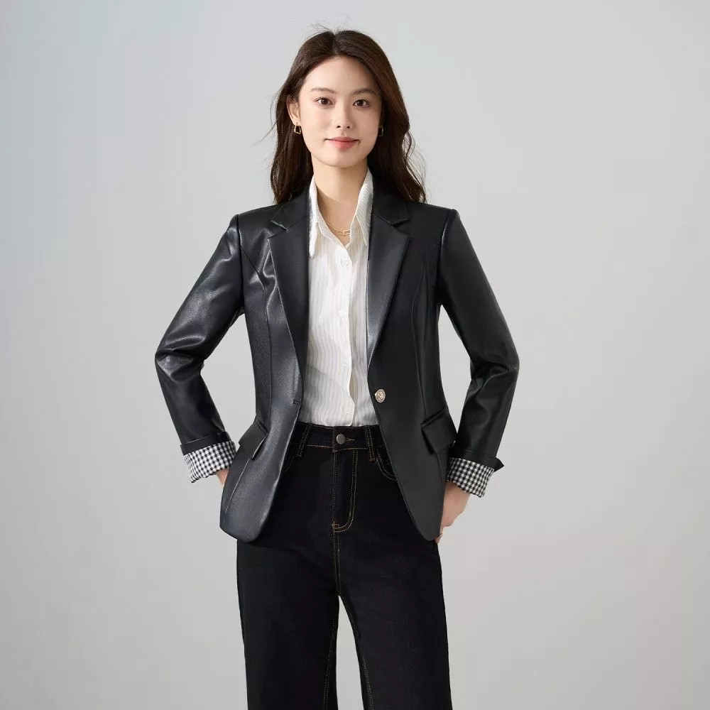 Americana Mujer Negro Elegante En Polipiel Botón Solo Y Forro Cuadros CF52315