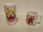 Hazel Atlas vintage child Milk Glass 10 oz Clown Tumbler and 6 oz Circus mug