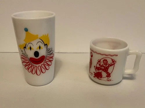 Hazel Atlas vintage child Milk Glass 10 oz Clown Tumbler and 6 oz Circus mug
