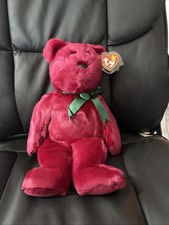 TY Beanie Buddy 1998 Teddy the Cranberry Bear Green Satin Bow - MWMT CLEAN 14