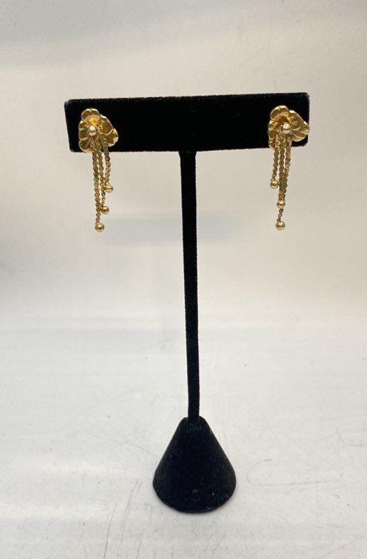 14K Yellow Gold Floral Tassel Dangle Earrings Triple Chain Beads Tested 2.4g