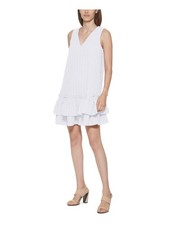 CALVIN KLEIN Womens White V-back Banded Waist Flutter Sleeve Dress 12