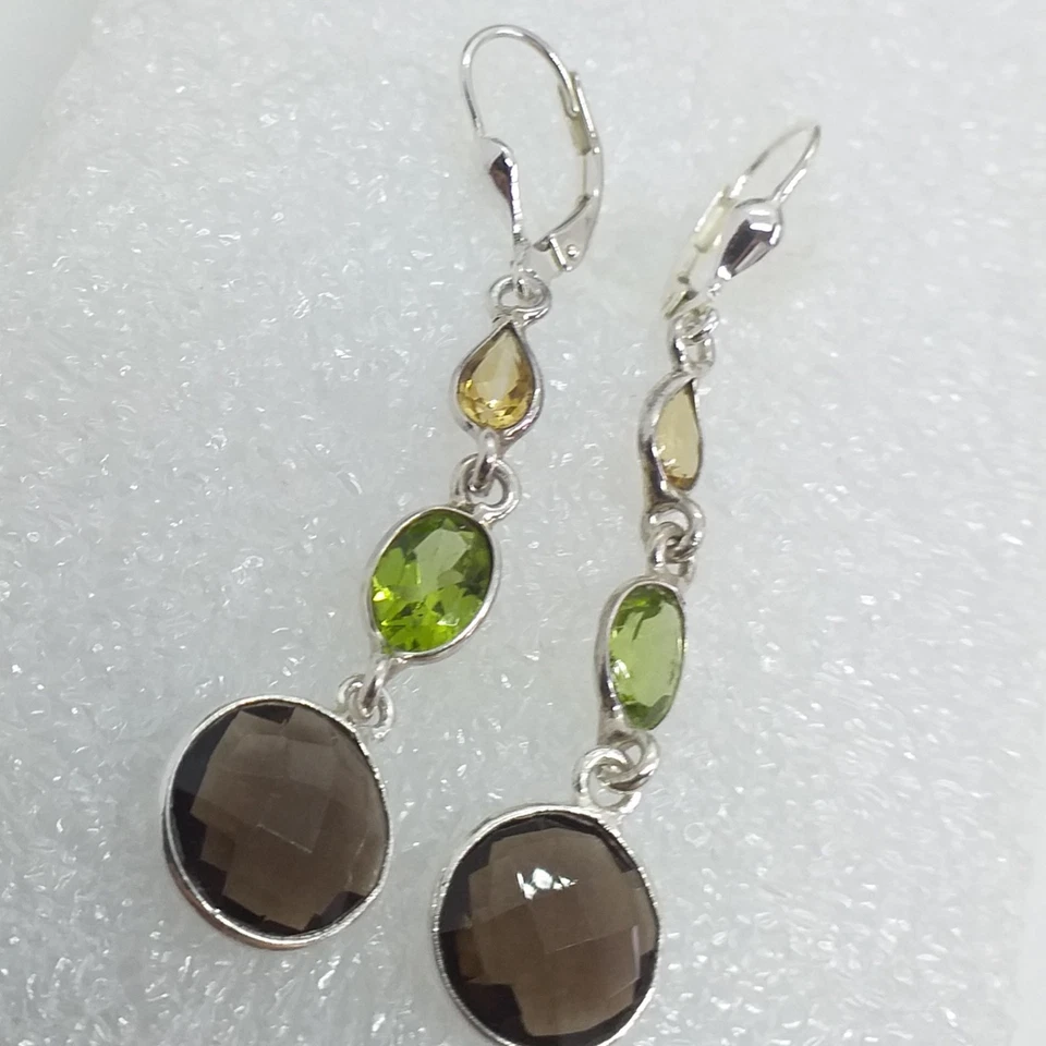 Rauchquarz Citrin Peridot Ohrringe 925 Sterling Silber Ohrhänger Klappbrisur - Bild 2 von 2