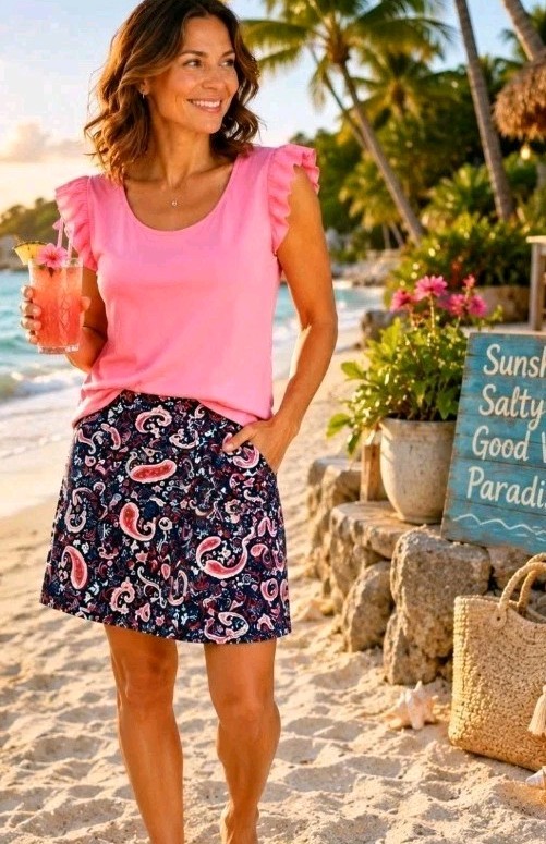 Talbots Women's Size 8 Paisley Skirt Navy Pink Lined A-Line Classic Knee Length