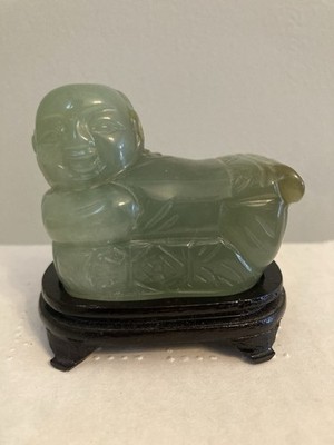 Green Jadeite Jade? Smiling Buddha Statue on Wooden Stand - 2 x 2 x 1 inches