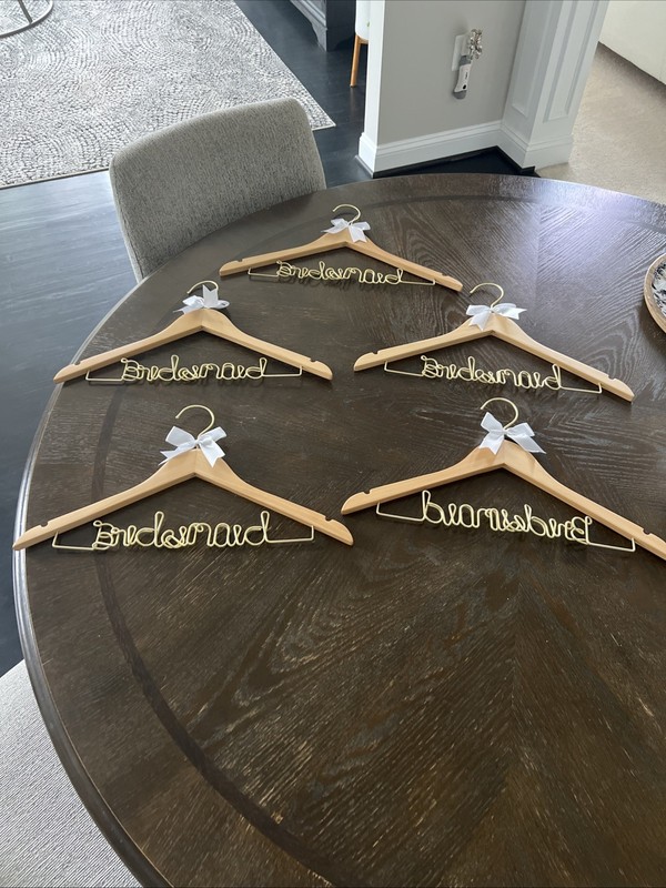 5 Bridesmaid Wooden Hanger with Gold Tone Heavy Wire Wording White Bows
