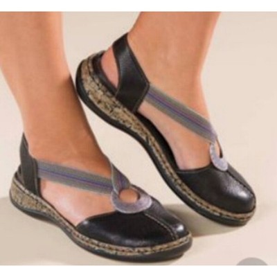 Rieker Size 37 US 6.5 Daisy Black Leather Flats Rainbow Elastic Straps Medallion