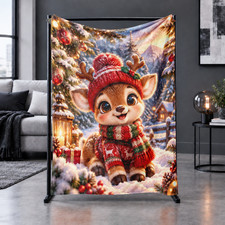 Reindeer Red Snowy Winter Coral Fleece Blanket Holiday Decor