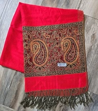 Pashmina Brand Beautiful Vintage Scarf Metallic Gold & Red Paisley 27x69