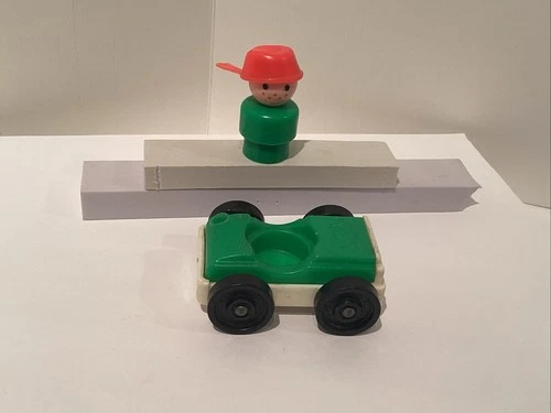 Vtg  Fisher Price Little People Boy W/ Freckles & Pot Hat w/ Car  Plastic