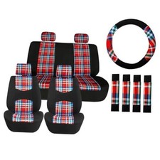 Car Seat Covers Full Set Plaid Print Cloth - Universal Fit Red Full Set Combo