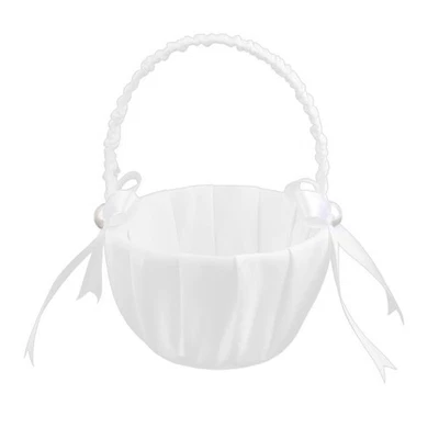 Panier de fleurs de mariage en satin fausse perle rubon bowknot décoré (blanc) - Photo 1/4