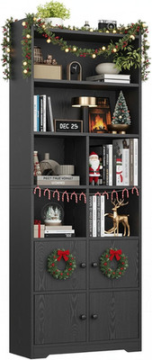 Stylish 6-Tier Black Bookshelf with 4 Doors for Home Office & Living Room