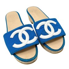 CHANEL Vintage CC Mark Logo Sandals 36.5-37 Mesh Blue White Cotton Leather