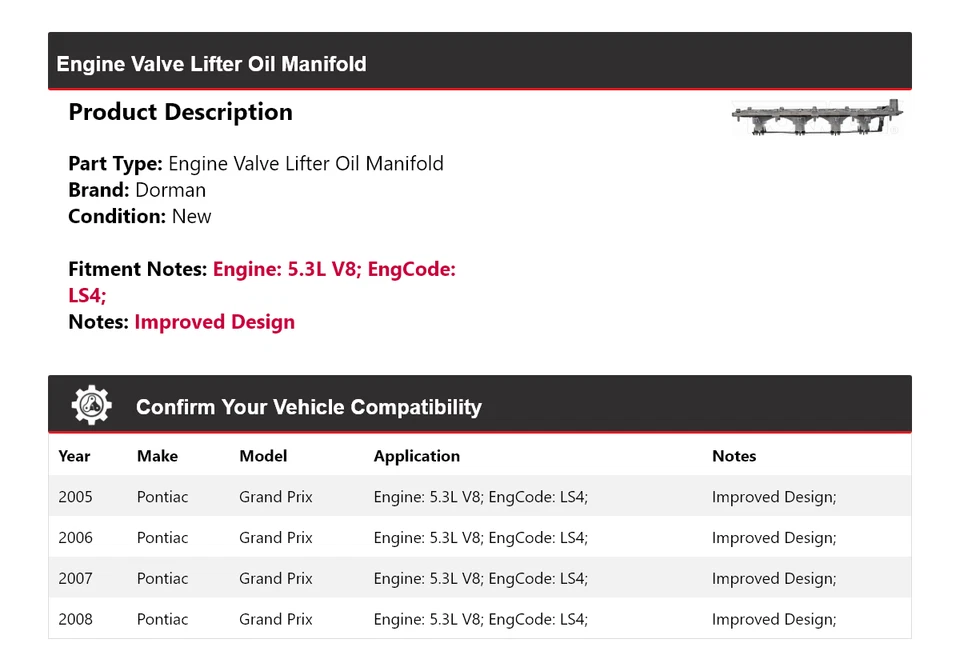 Colector de aceite elevador de válvula de motor Dorman para Pontiac Grand Prix 2005-2008 2006 Foto 2 de 4