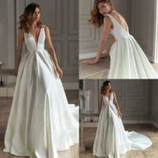 Sexy Deep V-Neck Sleeveless Backless Satin Wedding Dresses Sweep Train Customed