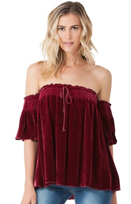 Off Shoulder Silk Velvet Top XS S M L Red Black Hale Bob 77EV2263