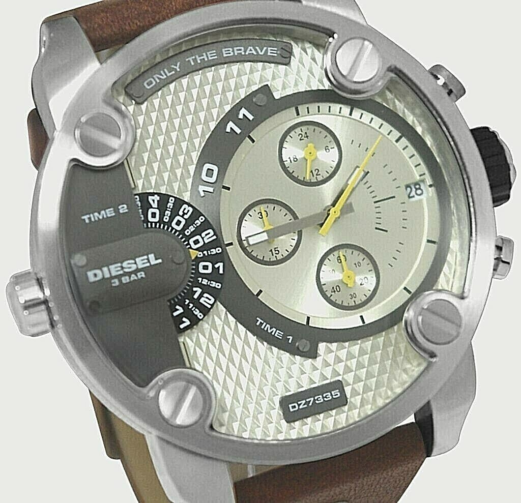 Men's Diesel DZ7335 Chronograph Watch Silver Dial, Brown Leather