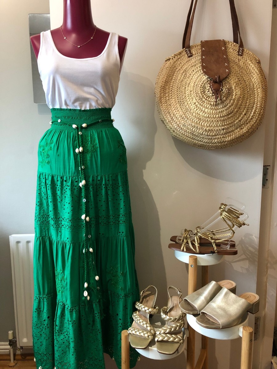Zara Green Broderie Anglaise Midi Maxi Skirt Seashell