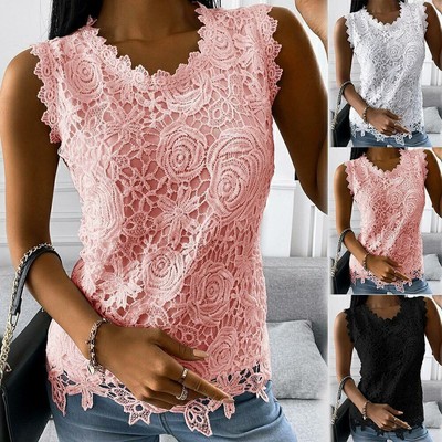 Womens Lace Sleeveless Tops Vest T-shirt Ladies Summer Casual Tank Tee Blouse US