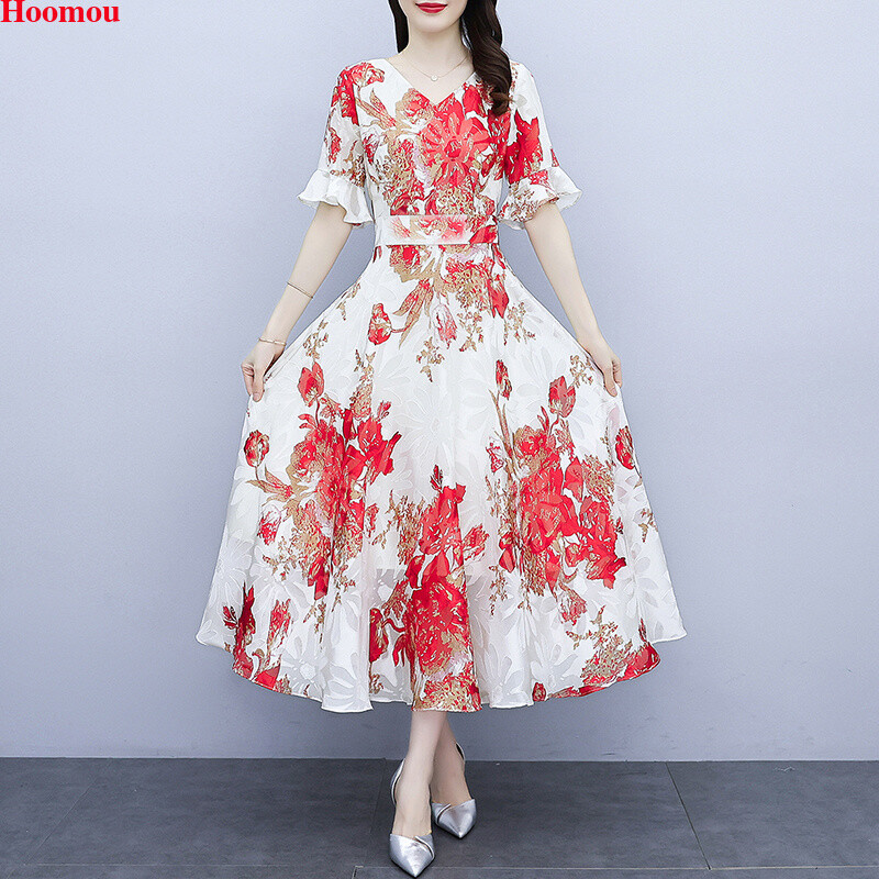 Women Chiffon Floral Bell Sleeve Maxi 