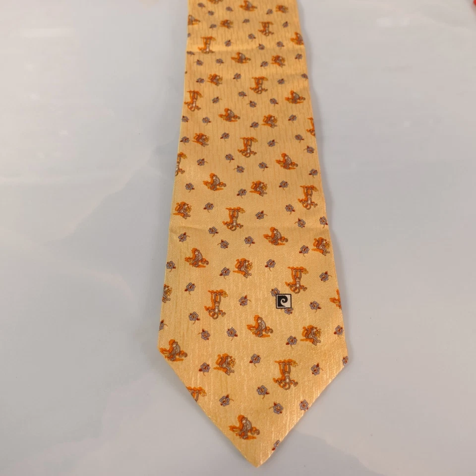 Pierre Cardin Neck Tie Men Yellow Animal Floral Silk Bright Luxury Monkey Italy - Image 3 of 4