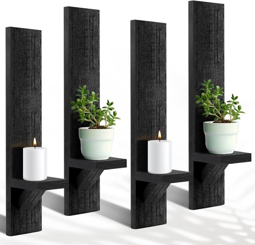 Set of 4 Wall Sconces Candle Holder Mount Decorative Wood Black Hanging Shelf - 第 1/7 張圖片