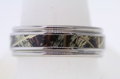 LZ Black Zirconium 8mm Realtree Camouflage Inlay Grooved Step Edge Band Ring