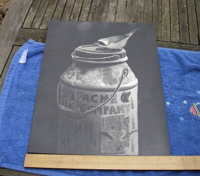 Fine FRANCIS E. SWEET Wildlife Artist SCRATCHBOARD PICTURE-Warbler & Milk Can