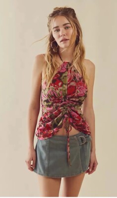 Free People Kyle Printed Halter Smocked Boho Hippie Floral Festival XL New