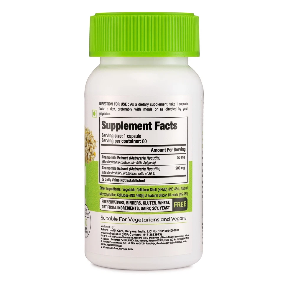 APIGENINA 98% Cápsulas Extracto de Manzanilla 100:1 Matricaria Recutita Sueño Reposo Foto 2 de 4