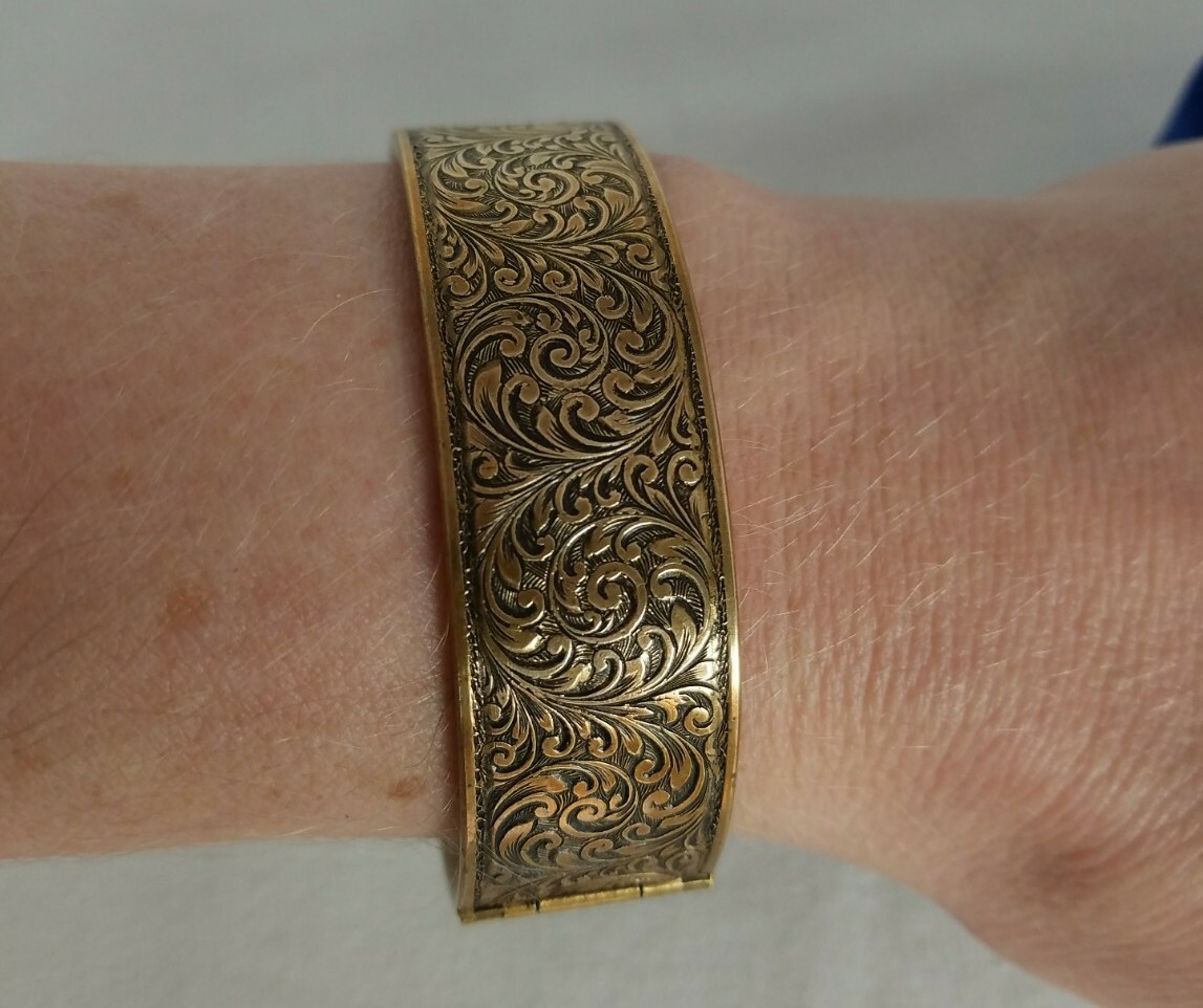 Vintage Hinged Brass Bangle Bracelet Embossed Scroll … Gem