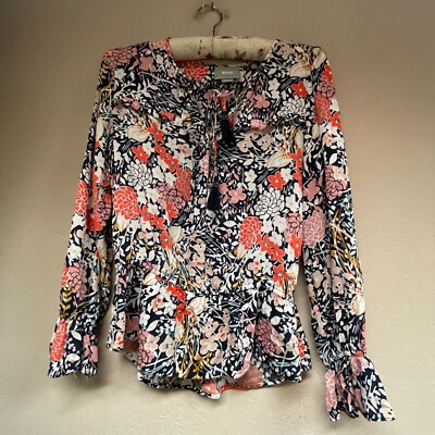 Anthropologie Maeve Begonia Peplum Floral Tassel Top Blouse Size XS Orange Blue