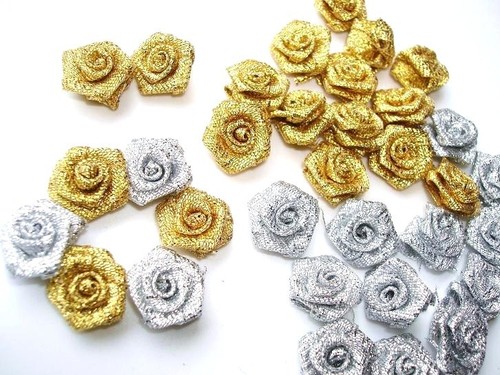 50 Metallic Ribbon Rose Flower/trim/holiday/Craft/Bow/Supply F14-Gold Or Silver - Picture 2 of 3