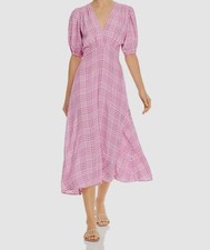 $189 Faithfull The Brand Women's Pink Plaid Puff Sleeve Midi Dress Size US 2